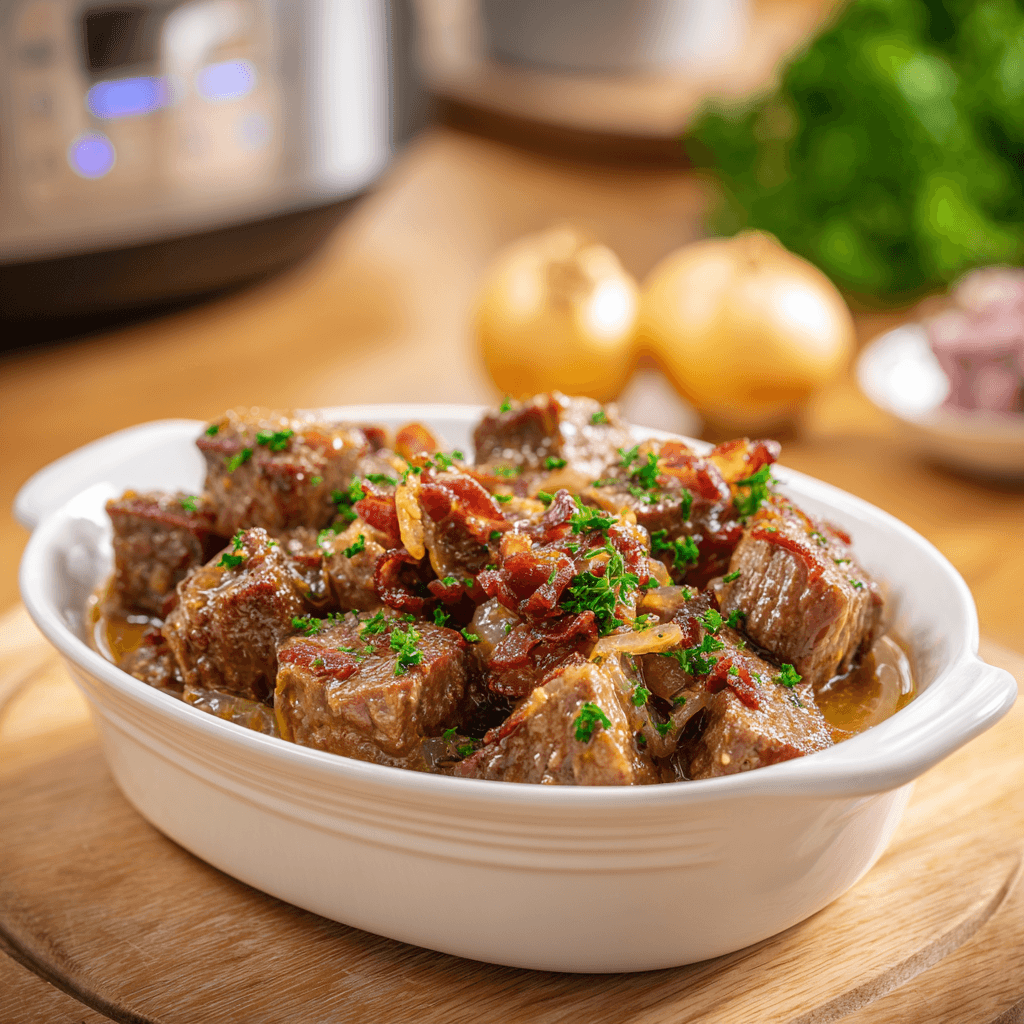 Een rustiek schaaltje met hachee-stijl runderstoofvlees in een rijke, glanzende saus, gecombineerd met zachte ui en krokante spekreepjes. Het gerecht is warm opgediend en afgewerkt met verse peterselie, met een huiselijke en winterse uitstraling.
