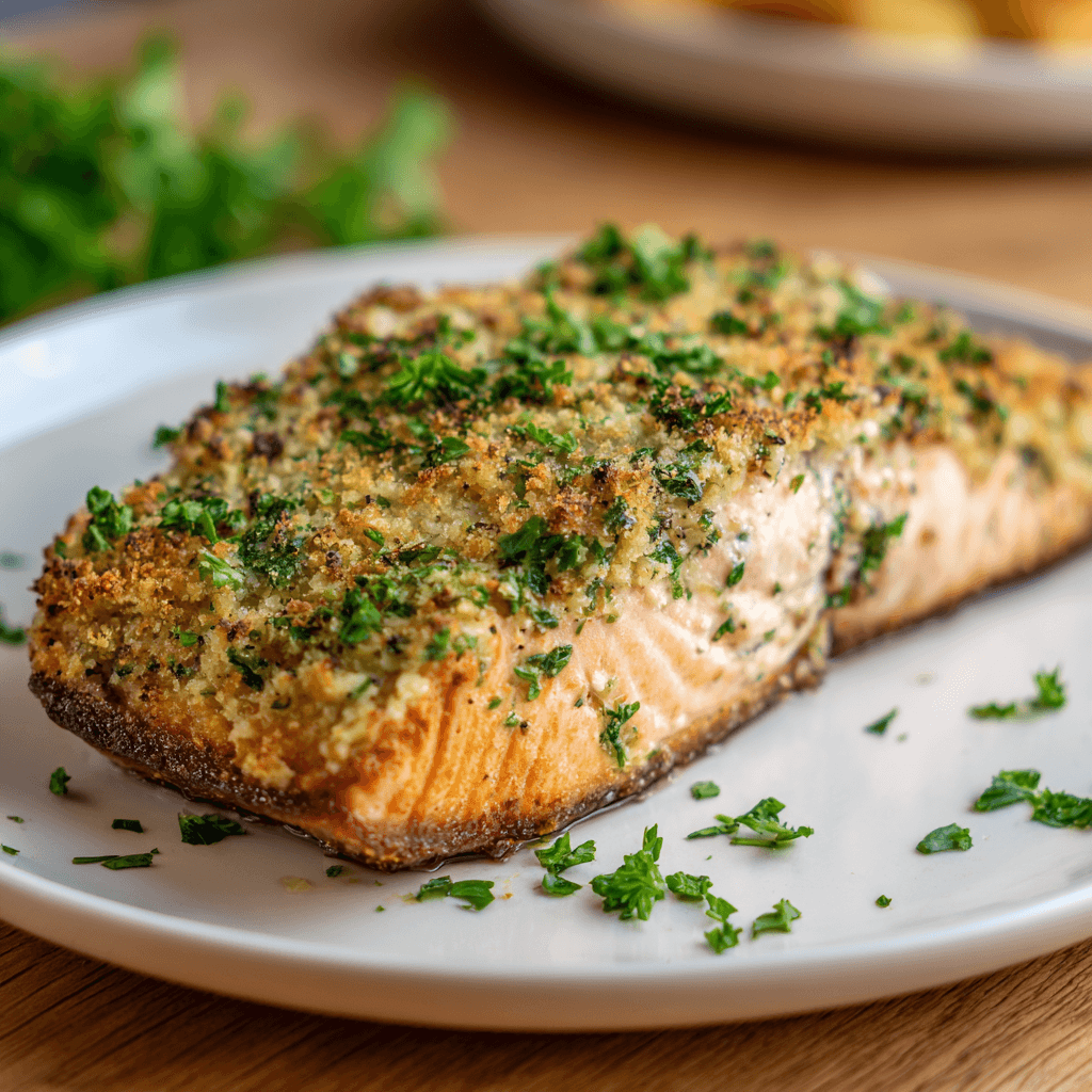 Een goudgegaarde zalmfilet uit de airfryer met een knapperige kruidenkorst van peterselie, bieslook, knoflook en Parmezaanse kaas. Het gerecht is warm en fris gepresenteerd en licht afgewerkt met extra kruiden.