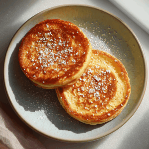 Twee goudbruine keto pannenkoekjes uit de airfryer, klein en luchtig van structuur, geserveerd op een bord en eventueel licht bestrooid met erythritol-poedersuiker. De pannenkoekjes hebben een zachte, cakeachtige textuur met een warme, huiselijke uitstraling.