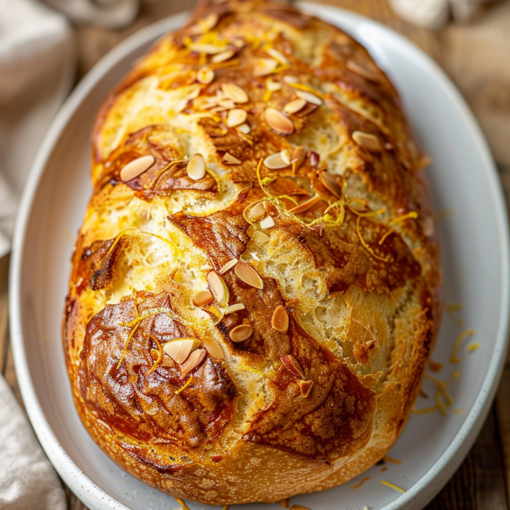 **Alt-tekst:**
Keto citroenbrood op een wit bord met een goudbruine korst, amandelschaafsel en citroenrasp, gefotografeerd op een houten tafel.