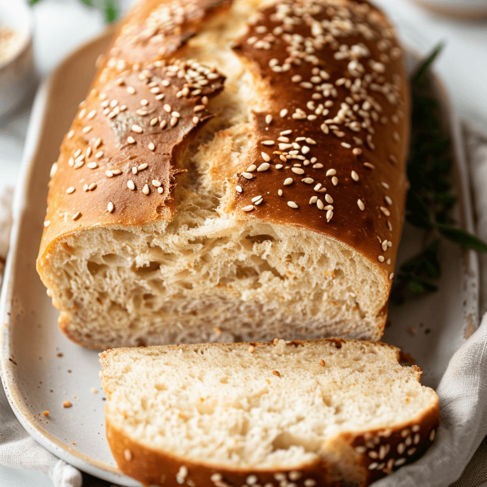 Keto wit brood met sesamzaad, luchtige structuur en een gesneden plak op een bord.