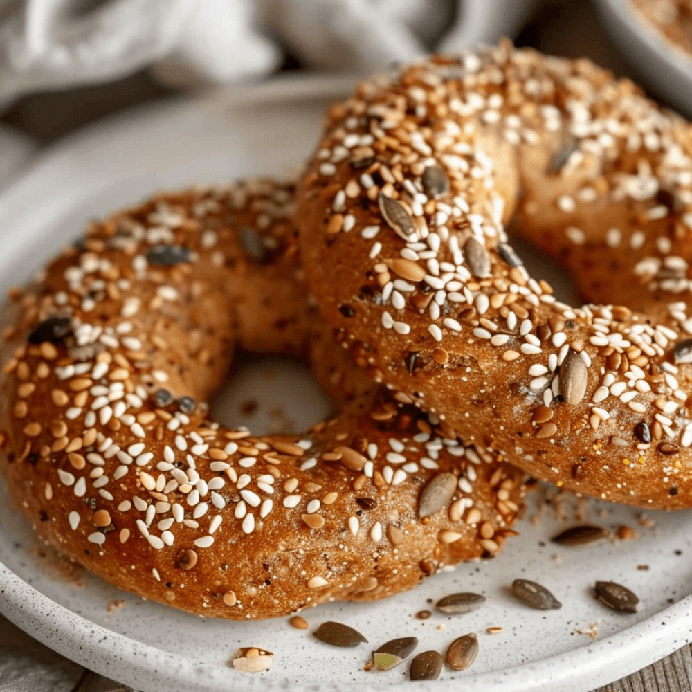 Keto meergranen bagels met sesamzaad, pitten en een goudbruine korst op een bord.