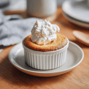 Een klein, goudbruin keto vanillecakeje uit de airfryer in een wit ramekin, licht gerezen met een zachte, luchtige structuur. Het cakeje is subtiel bestrooid met een beetje poedervormige zoetstof en geserveerd op een houten plank, eventueel met een toef ongezoete slagroom en enkele verse bessen. Een warm en uitnodigend tussendoortje met een huiselijke uitstraling.