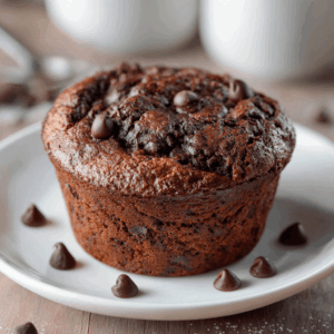 Een versgebakken keto chocolade muffin uit de airfryer in een klein ramekin. De muffin heeft een donkere, rijke chocoladekleur, een licht gerezen bovenkant en een zachte, smeuïge structuur. Bovenop liggen enkele gesmolten suikervrije chocoladestukjes die zorgen voor een extra luxe uitstraling. De muffin wordt warm geserveerd op een houten plank en straalt pure huiselijke gezelligheid uit.