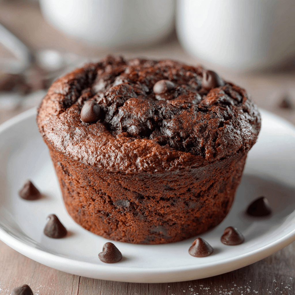 Een versgebakken keto chocolade muffin uit de airfryer in een klein ramekin. De muffin heeft een donkere, rijke chocoladekleur, een licht gerezen bovenkant en een zachte, smeuïge structuur. Bovenop liggen enkele gesmolten suikervrije chocoladestukjes die zorgen voor een extra luxe uitstraling. De muffin wordt warm geserveerd op een houten plank en straalt pure huiselijke gezelligheid uit.