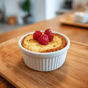 Een klein, goudbruin keto kwarkcakeje vers uit de airfryer, geserveerd in een wit ramekin. Het cakeje heeft een zachte, luchtige structuur met een licht gerezen bovenkant en is afgewerkt met enkele verse bessen en een subtiel vleugje kaneel. De warme uitstraling en smeuïge binnenkant maken het een uitnodigende koolhydraatarme traktatie voor elk moment van de dag.