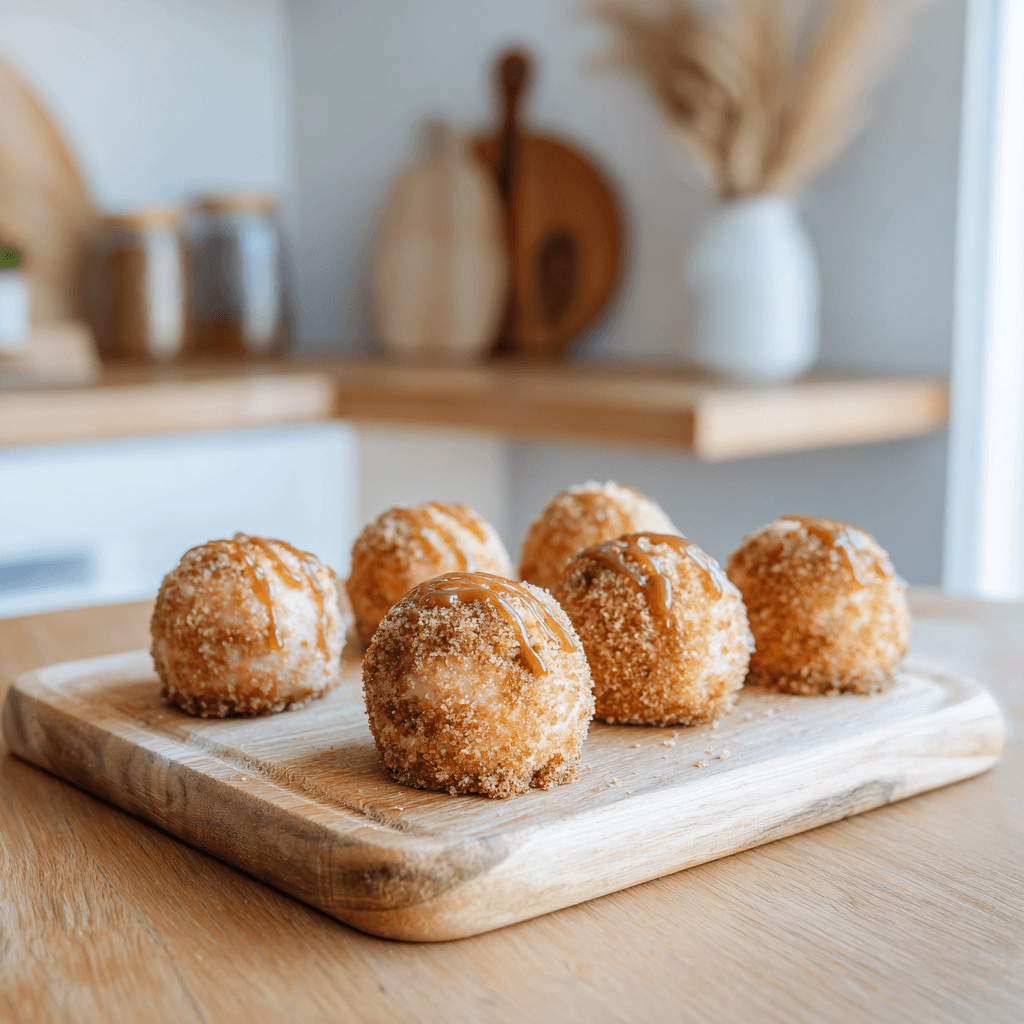 Een schaaltje met zes goudbruine keto stroopwafel bites uit de airfryer, met een licht knapperige buitenkant en zachte, smeuïge binnenkant. De bites zijn klein en rond gevormd en hebben een warme karamelachtige glans van suikervrije karameldruppel. Ze worden geserveerd op een houten plank en stralen een huiselijke, versgebakken geur en textuur uit.