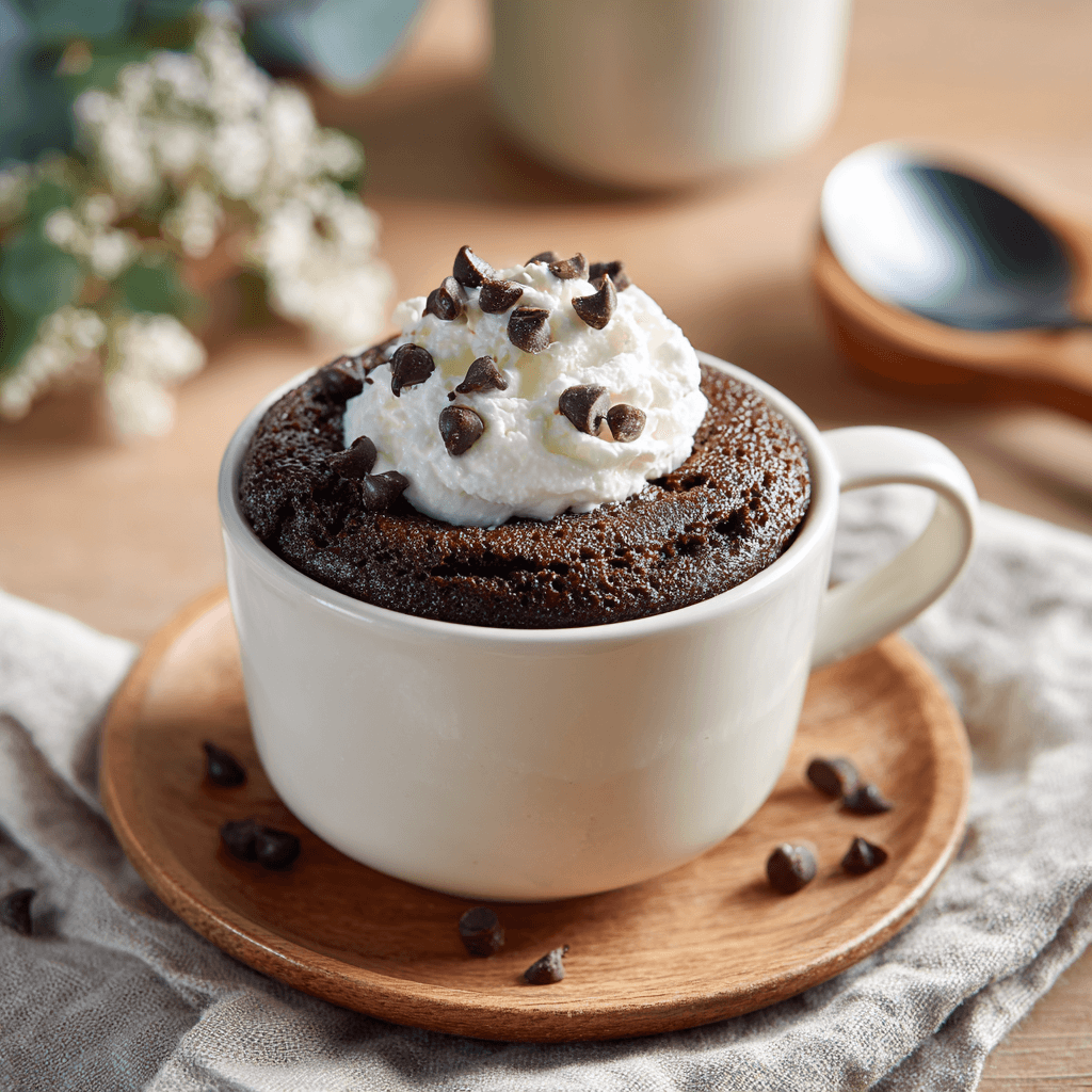 Een warme keto chocolade mug cake uit de airfryer, geserveerd in een keramische mok. De cake is luchtig gerezen met een zachte, smeuïge binnenkant en een diepe donkere chocoladekleur. Bovenop smelten enkele suikervrije chocoladedruppels licht in het warme oppervlak, met eventueel een toefje slagroom ernaast. De setting straalt een snelle, huiselijke en comfortabele traktatie uit.