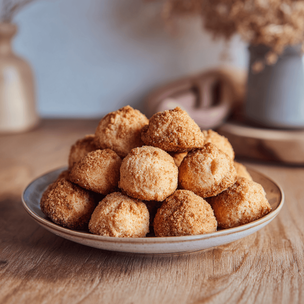 Een schaaltje met twaalf goudbruine keto kruidnoten uit de airfryer, klein van formaat en licht knapperig aan de buitenkant. De kruidnoten hebben een warme, kruidige uitstraling dankzij de speculaaskruiden en liggen verspreid op een houten plank. Hun rustieke uiterlijk en versgebakken geur roepen direct een gezellige, huiselijke sfeer op die doet denken aan traditionele winterse lekkernijen.