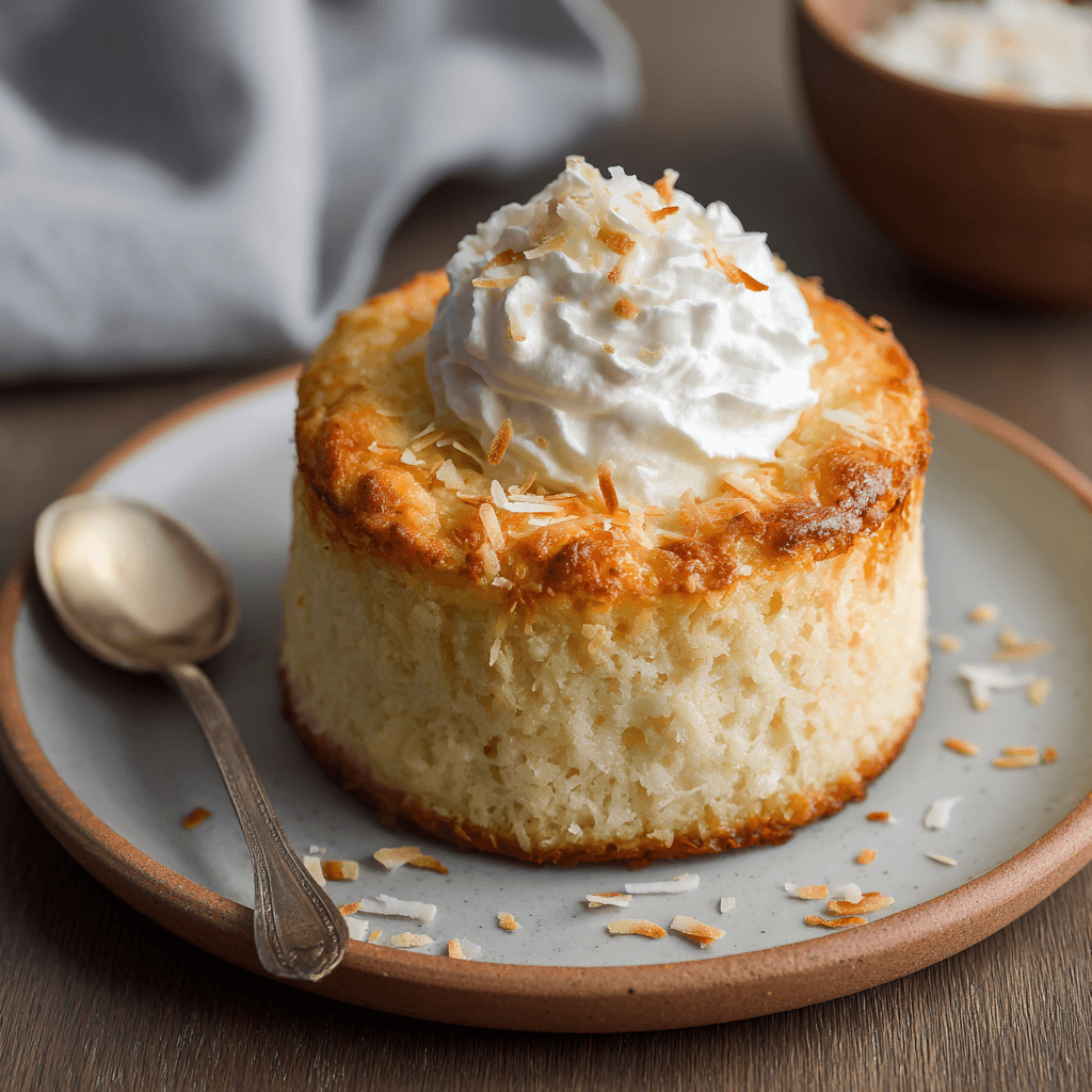 Luchtige keto kokos cake uit de airfryer in een klein ovenschaaltje, gemaakt met amandelmeel en kokosmeel, goudbruin gebakken en eventueel afgewerkt met slagroom en geroosterde kokosvlokken.