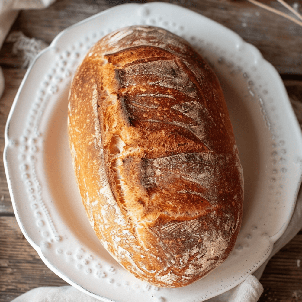 Keto glutenvrij zuurdesembrood met stevige structuur, goudbruine korst en gesneden plakken op een bord.