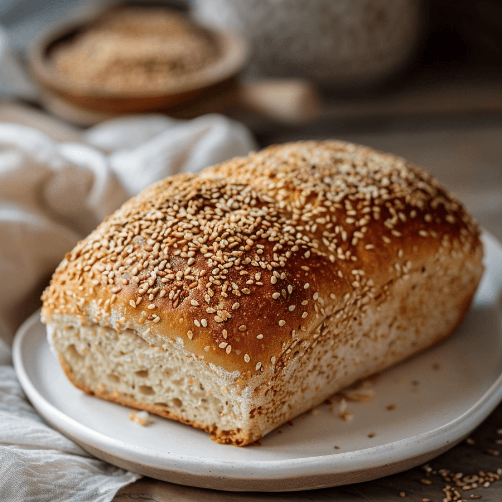 Keto glutenvrij sesambrood met sesamzaad, goudbruine korst en zachte broodstructuur op een bord.