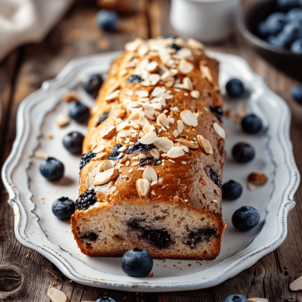 Keto glutenvrij bosbessenbrood met zachte structuur, sappige bosbessen en goudbruine korst op een bord.