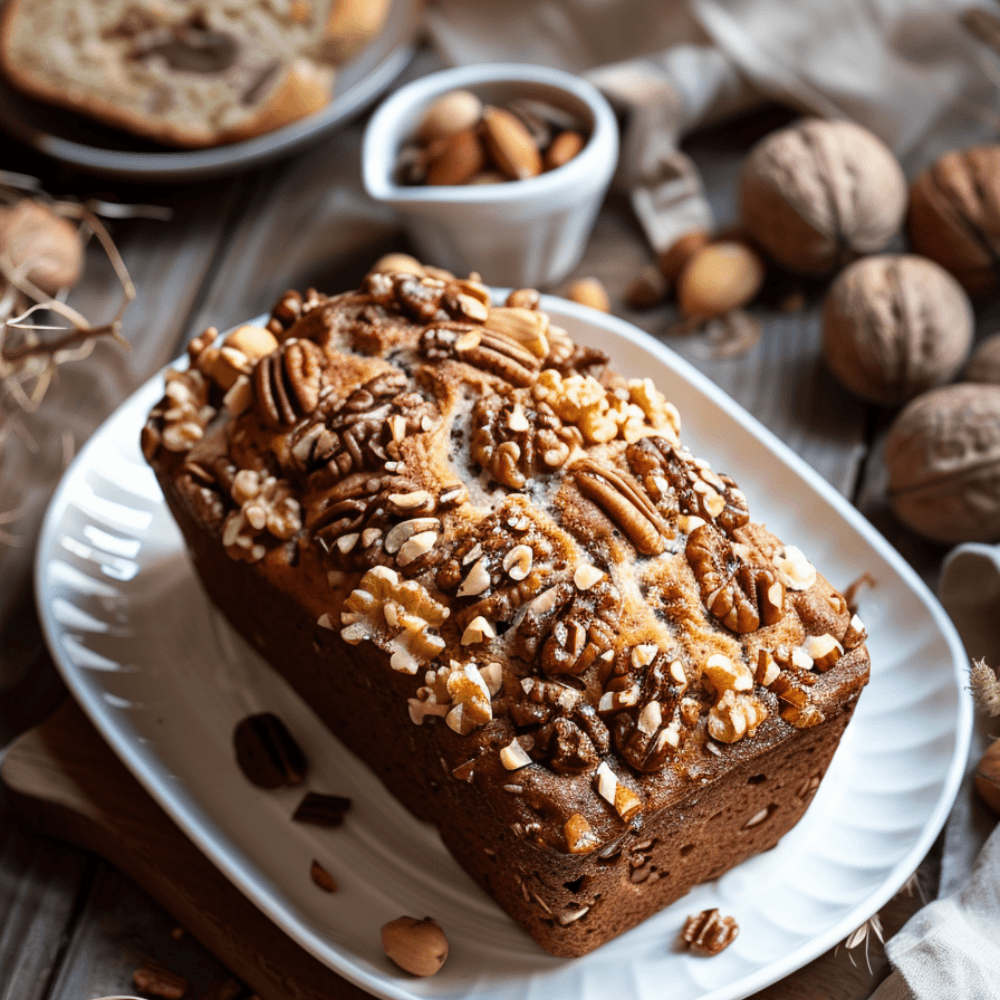Keto ontbijtbrood met noten, zachte structuur, goudbruine korst en stukjes noten op een bord.