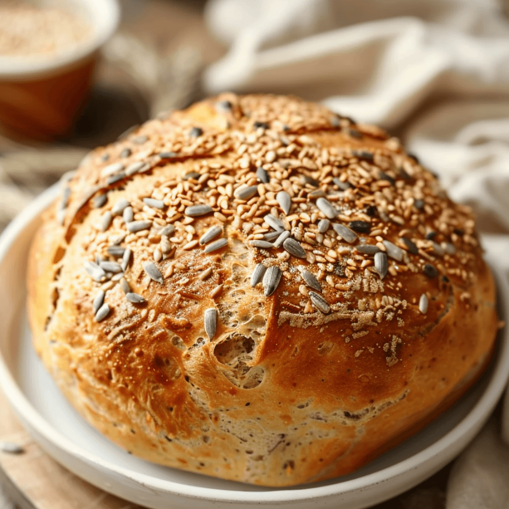 Keto boerenbrood met stevige structuur, goudbruine korst en gesneden plakken op een bord.