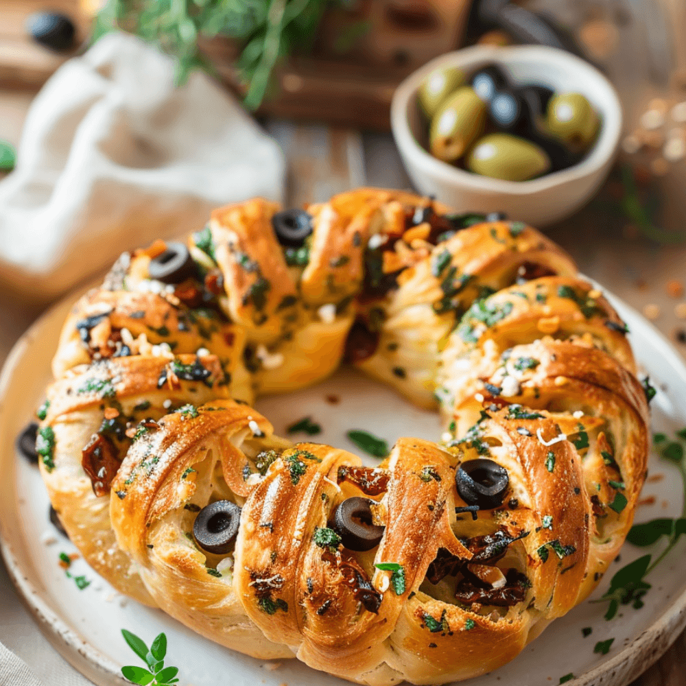 Keto Mediterrane broodkrans met goudbruine korst, olijven, kruiden en hartige topping op een bord.