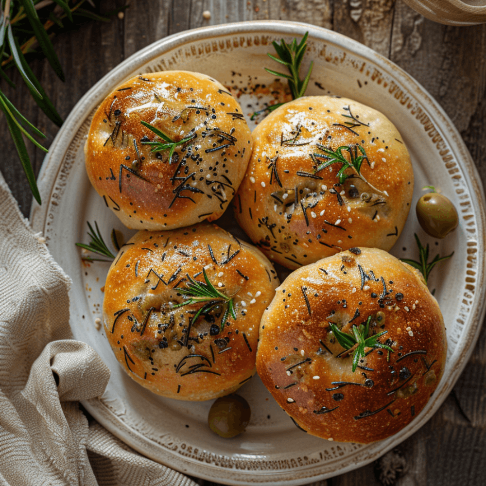 Keto olijf-rozemarijnbolletjes met groene olijven, rozemarijn, goudbruine bovenkant en zachte broodstructuur op een bord.