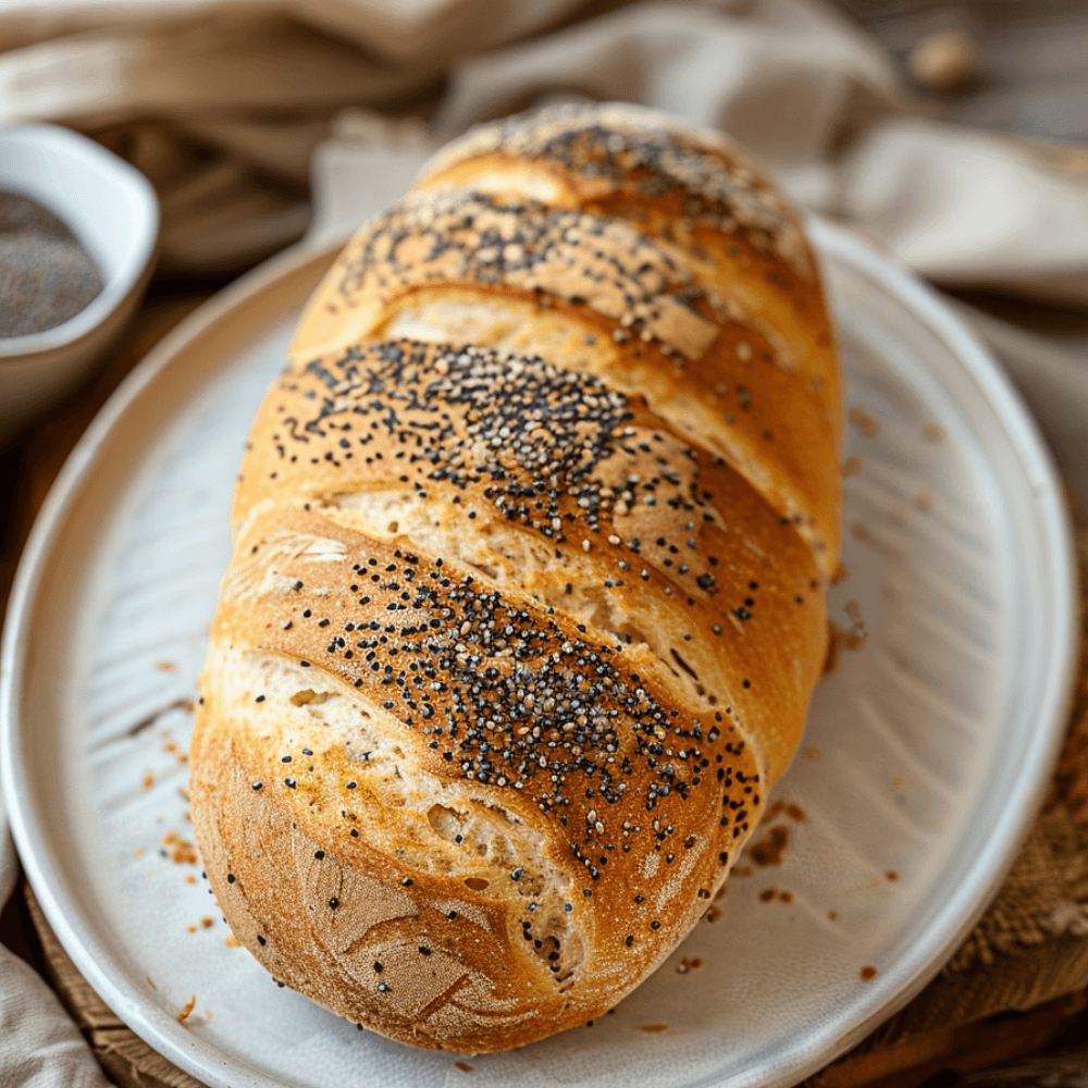Keto maanzaadbrood met maanzaad, zachte broodstructuur en goudbruine korst op een bord.