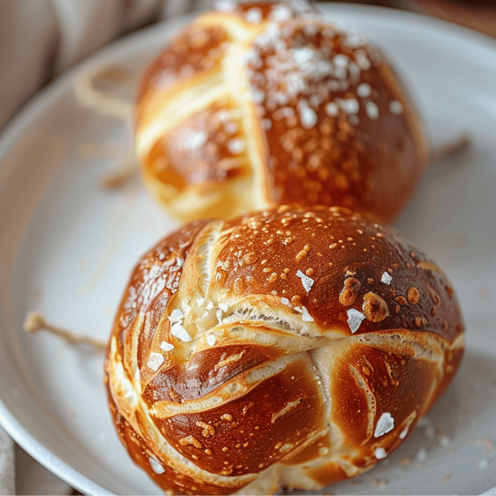 Keto glutenvrije pretzelbroodjes met goudbruine buitenkant, zachte broodstructuur en grof zeezout op een bord.