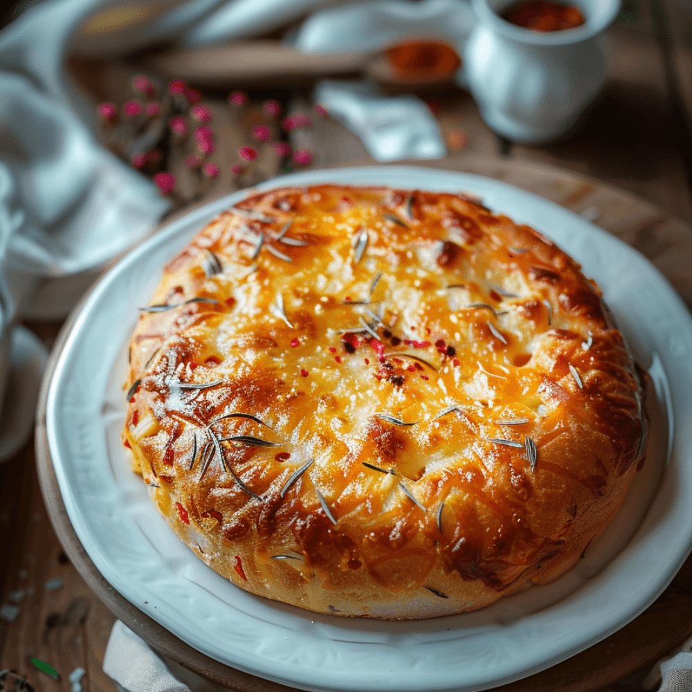 Keto kaas-paprikabrood met gesmolten kaas, stukjes paprika en goudbruine korst op een bord.