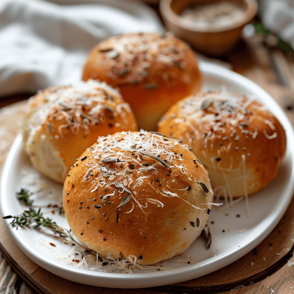 Keto Italiaanse bolletjes met goudbruine bovenkant, Italiaanse kruiden en zachte broodstructuur op een bord.