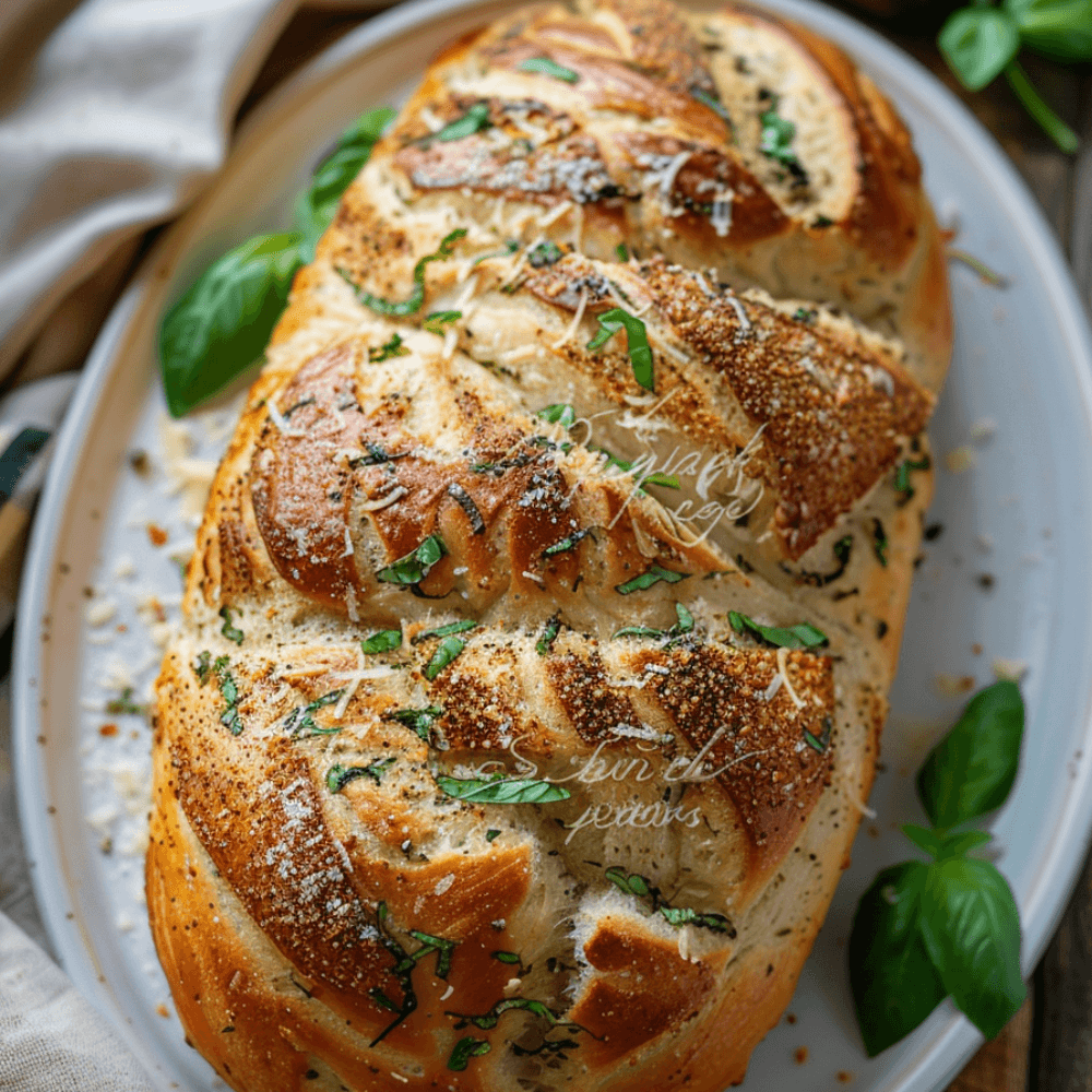 Keto basilicumbrood met verse basilicum, goudbruine korst en zachte broodstructuur op een bord.