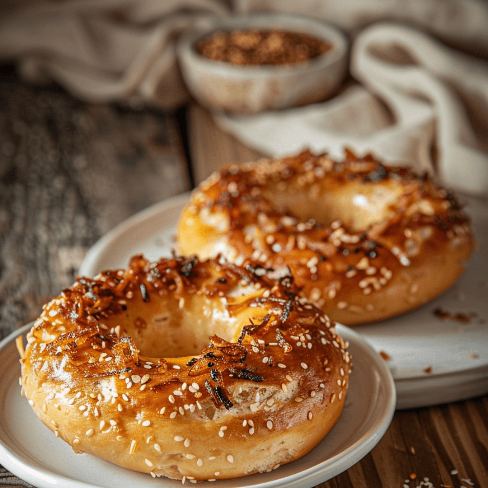 Keto uienbagels met goudbruine korst, stukjes ui en zachte broodstructuur op een bord.