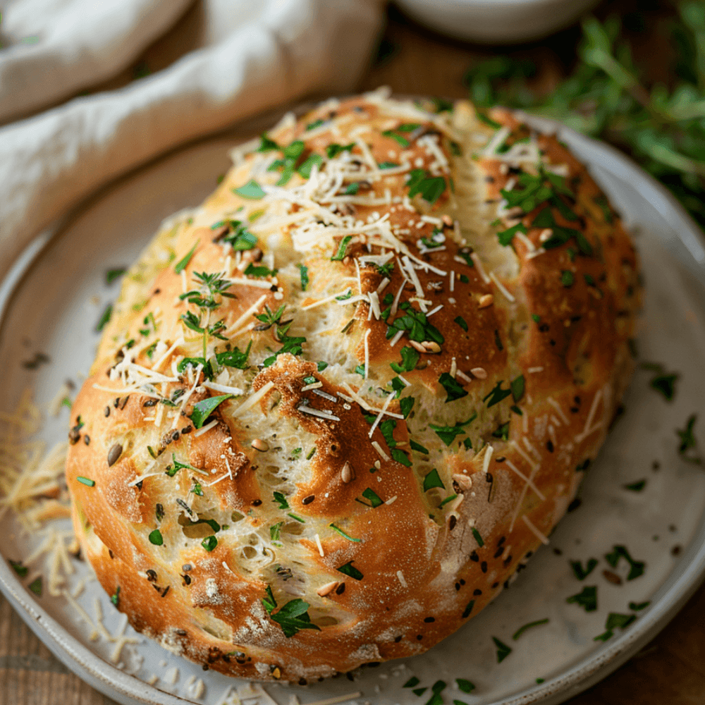 Keto kruidenbrood met verse kruiden, goudbruine korst en zachte broodstructuur op een bord.
