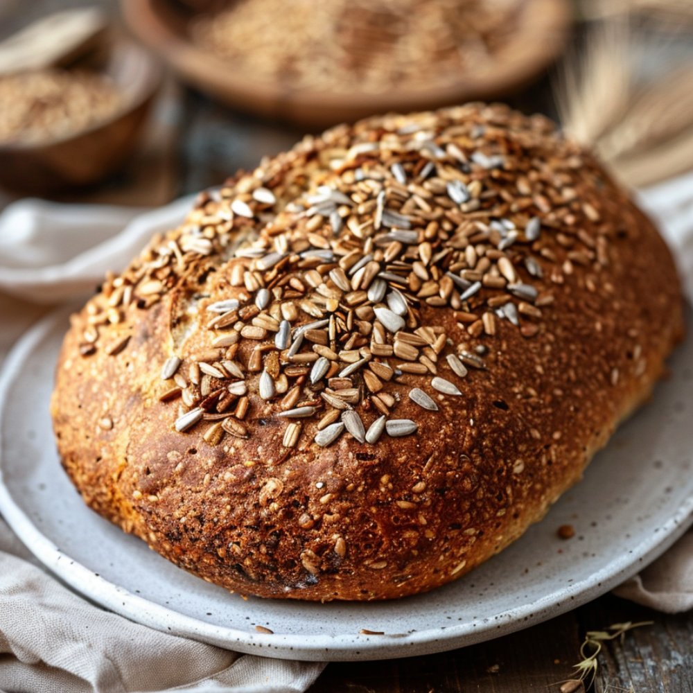 Keto zonnebloempittenbrood met zonnebloempitten, goudbruine korst en zachte broodstructuur op een bord.