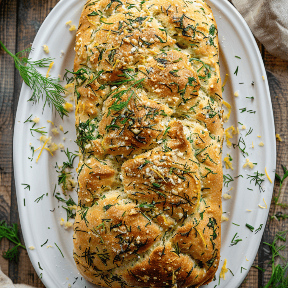Keto dille-citroenbrood met verse dille, frisse citroensmaak en goudbruine korst op een bord.
