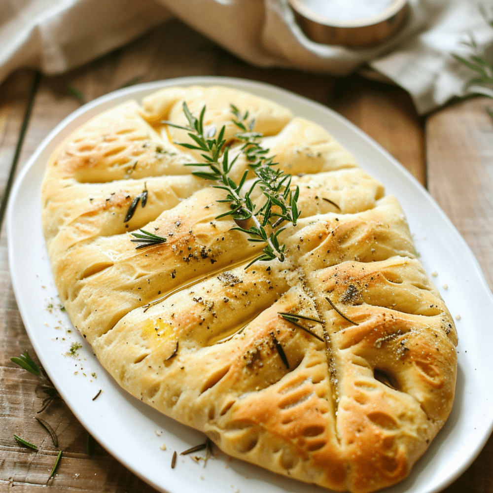 Keto glutenvrije fougasse met goudbruine korst, zachte broodstructuur, kruiden en olijven op een bord.