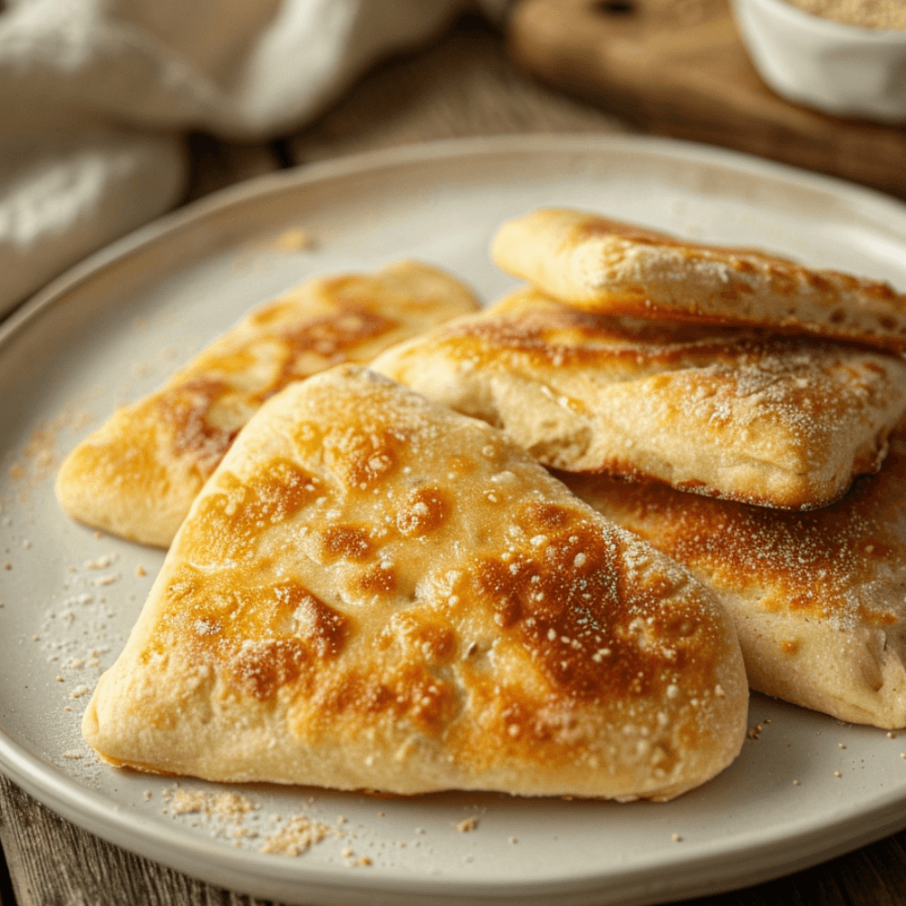 Keto glutenvrije soda farls met goudbruine buitenkant, zachte broodstructuur en rustieke vorm op een bord.