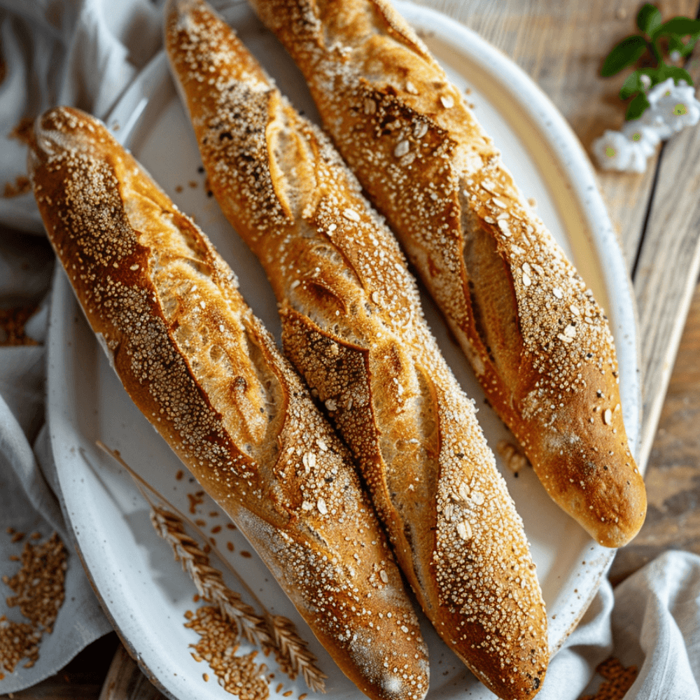 Keto glutenvrije baguette épi met goudbruine korst, rustieke vorm en zachte broodstructuur op een bord.