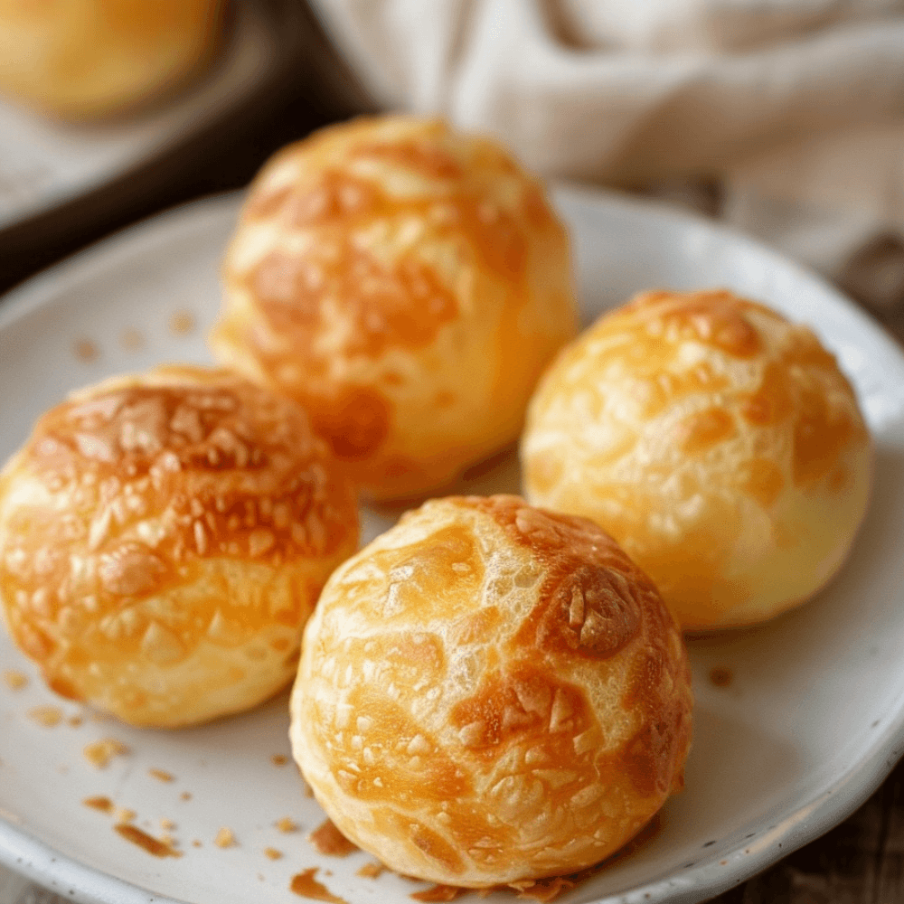 Keto glutenvrije pão de queijo broodjes met goudbruine buitenkant, zachte kaasvulling en luchtige broodstructuur op een bord.