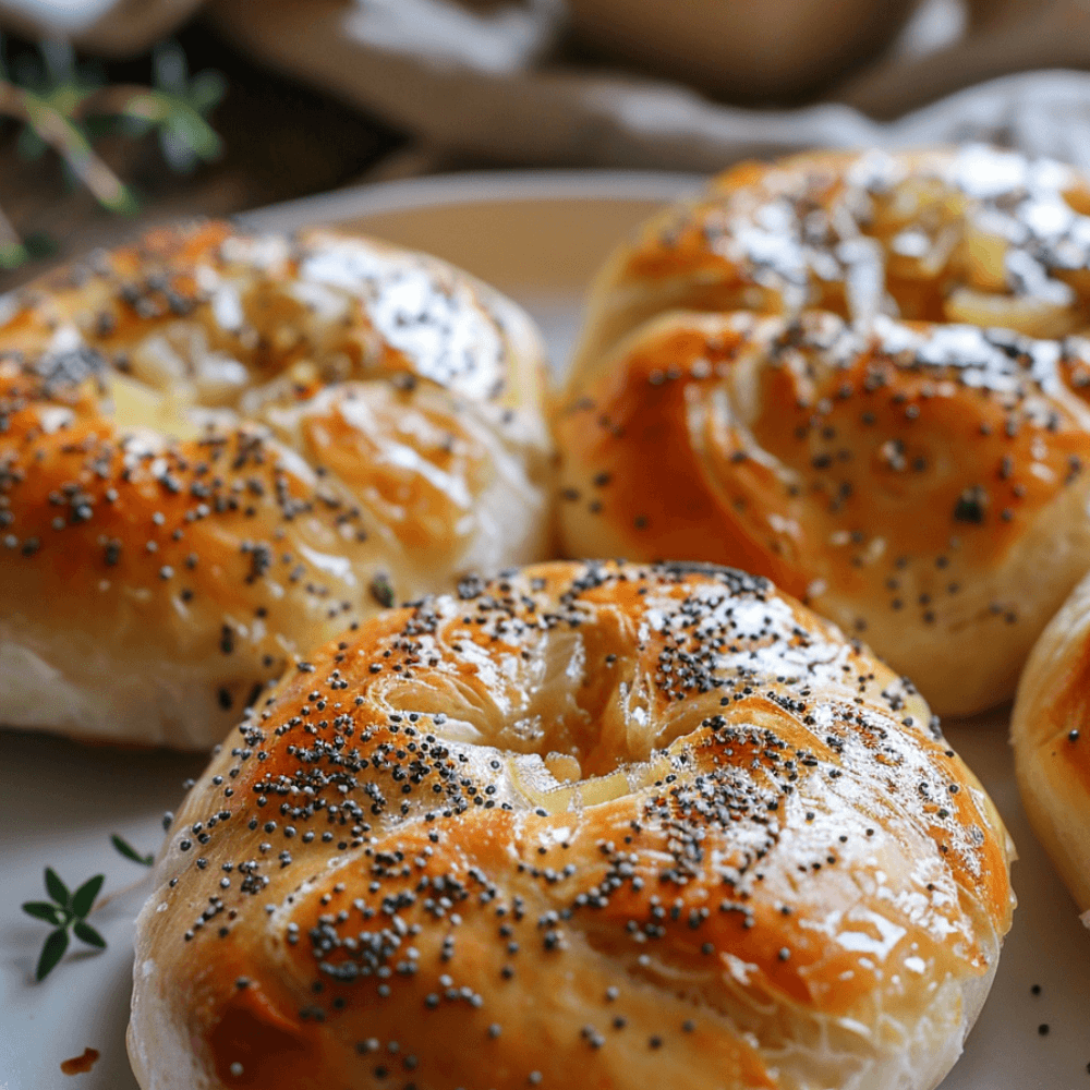Keto glutenvrije bialy met ui, goudbruine buitenkant, zachte broodstructuur en hartige uienvulling op een bord.