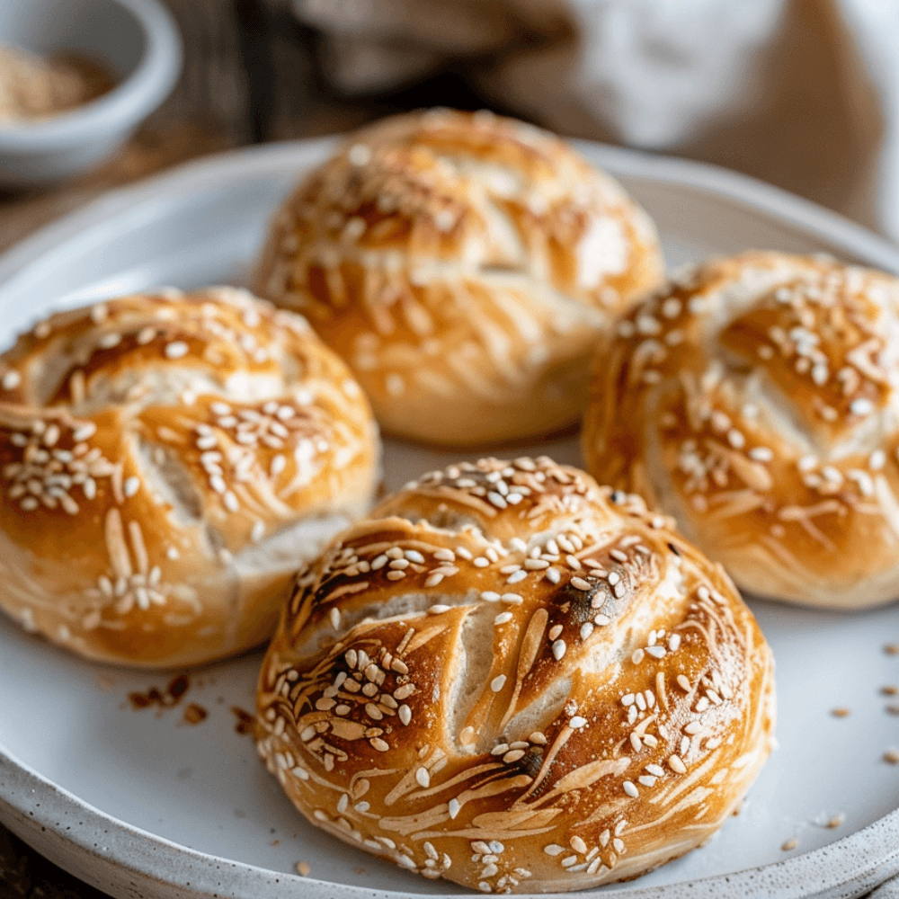 Keto glutenvrije tijgerbolletjes met knapperige tijgerkorst, goudbruine buitenkant en zachte broodstructuur op een bord.