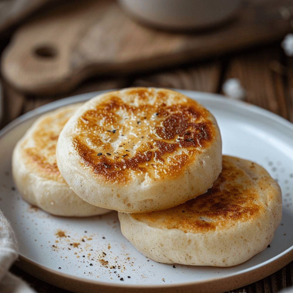 Keto glutenvrije English muffins met goudbruine buitenkant, zachte broodstructuur en rustieke vorm op een bord.